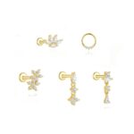 5Pcs Minimalist Earring Pack: CZ Leaf Studs & Clicker Set