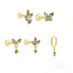 Moss Agate Earring Set: 925 Sterling Silver Butterfly & Leaf Studs Kit