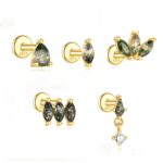 Moss Agate Earring Set: 925 Sterling Silver Nature Piercing Set